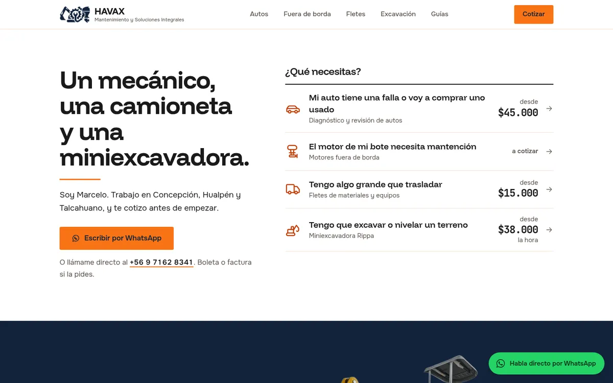 Captura de havax.cl, portada con los cuatro servicios y sus precios de entrada