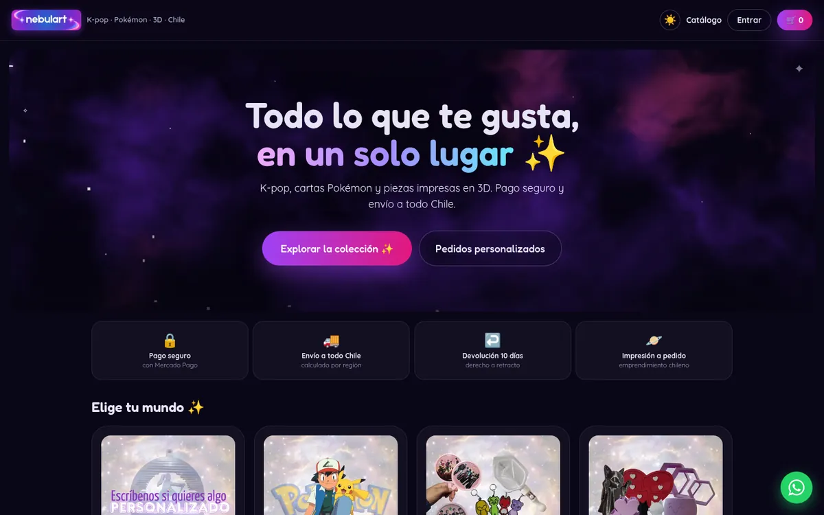 Captura de la tienda Nebulart, catálogo de e-commerce de nicho